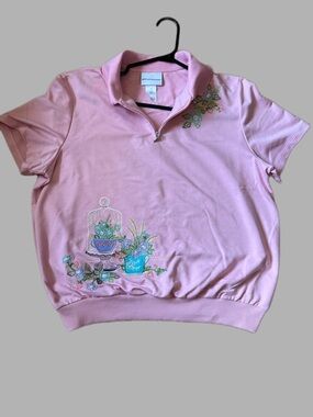 Alfred Dunner Pink Short Sleeve Polo with Floral Appliqué
